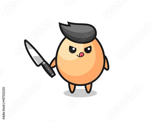 cute egg mascot as a psychopath holding a knife