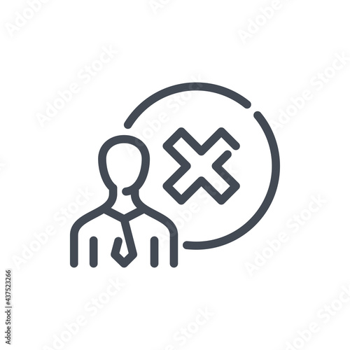 Business person with cancel cross in circle line icon. Cancellation and rejection of person vector outline sign.