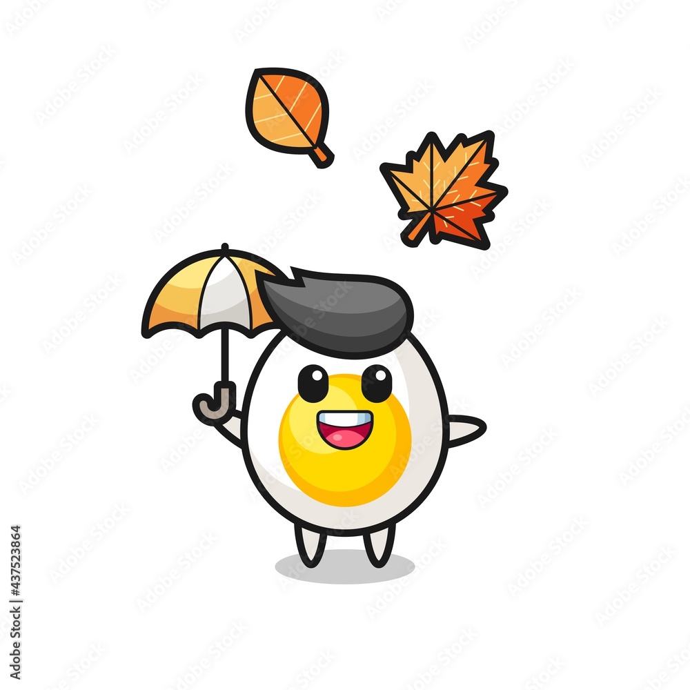 cartoon of the cute boiled egg holding an umbrella in autumn