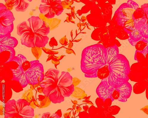 Red Botanical Design. Pink Orchid Print. Scarlet Hibiscus Leaves. Flower Decor. Watercolor Foliage. Seamless Palm. Pattern Jungle. Vintage Decor.