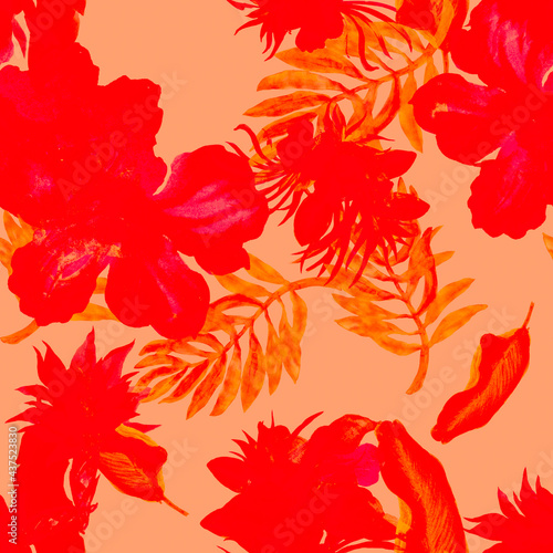 Scarlet Watercolor Backdrop. Rusty Flower Design. Red Seamless Wallpaper. Coral Pattern Backdrop. Pink Tropical Jungle. Isolated Print. Fashion Decor.