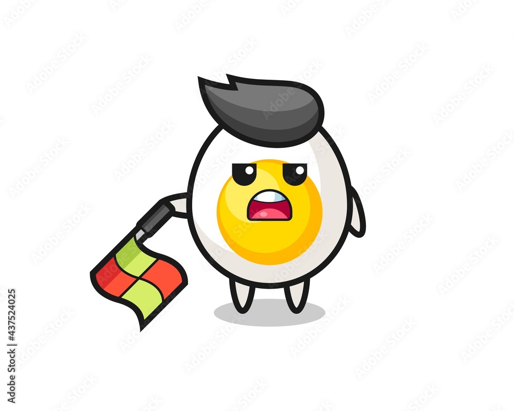 boiled egg character as line judge hold the flag down at a 45 degree angle