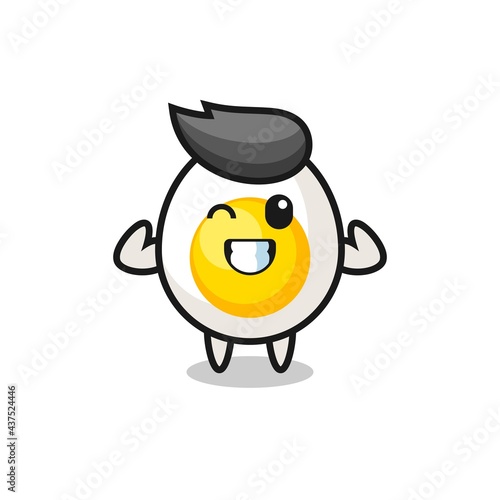 the muscular boiled egg character is holding a protein supplement