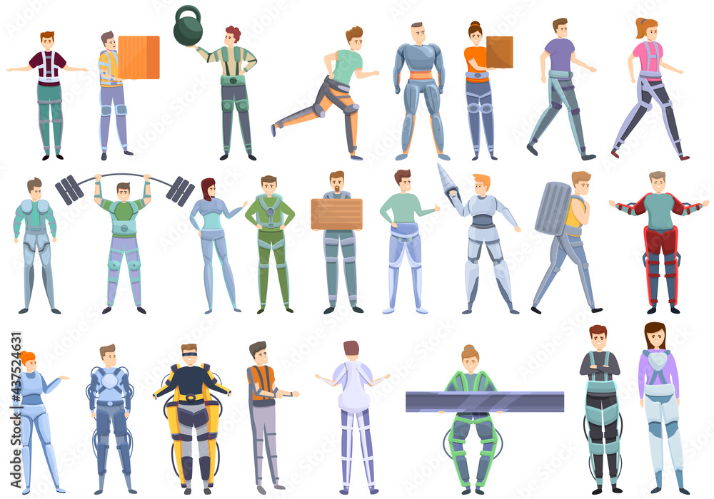 Exoskeleton icons set. Cartoon set of exoskeleton vector icons for web design Exoskeleton icons set. Cartoon set of exoskeleton vector icons for web design