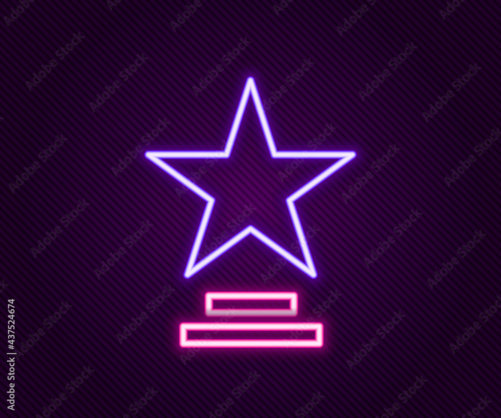 Obraz premium Glowing neon line Movie trophy icon isolated on black background. Academy award icon. Films and cinema symbol. Colorful outline concept. Vector
