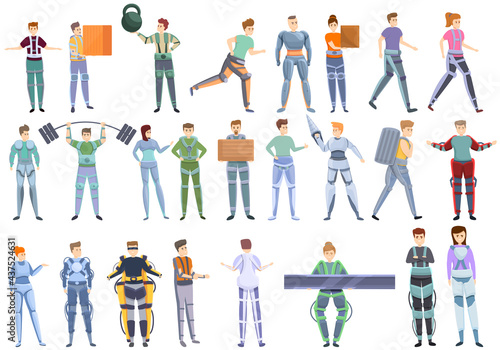 Exoskeleton icons set. Cartoon set of exoskeleton vector icons for web design
