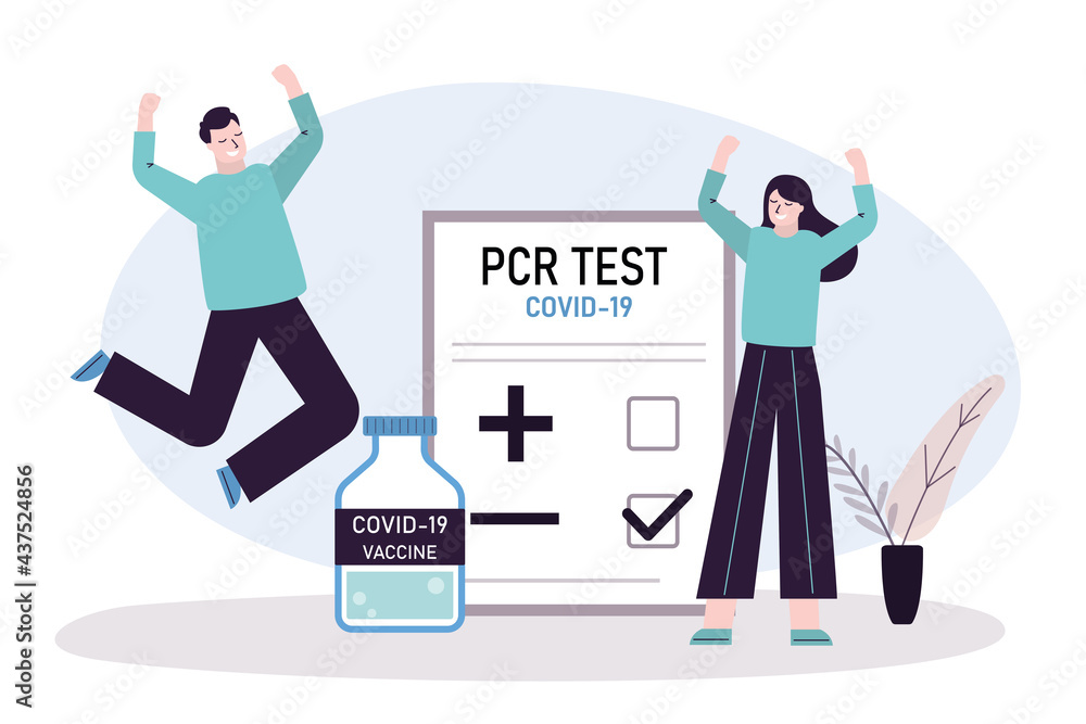 Fototapeta premium People rejoice at negative PCR test. Happy people with test results. Ampoule with vaccine against coronavirus. Testing population for covid-19