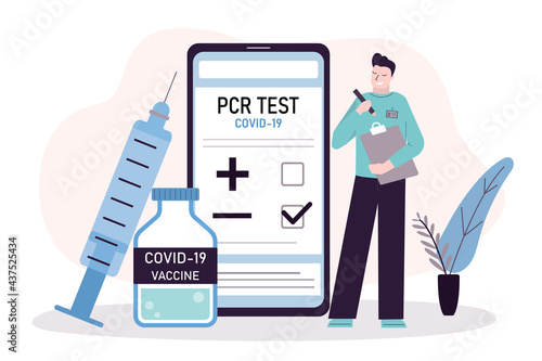 Man received results of PCR test on phone screen. Male character with negative result. Concept health care, immunization against coronavirus