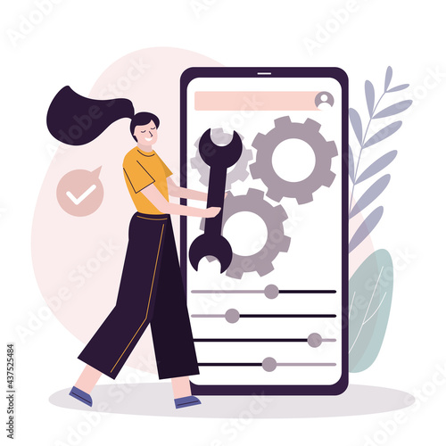 Female user customize settings on phone screen. Phone screen with users personal page. User interface customization, programming