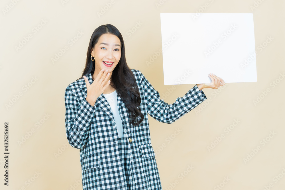 Portrait beautiful young asian woman with empty white billboard Portrait beautiful young asian woman with empty white billboard