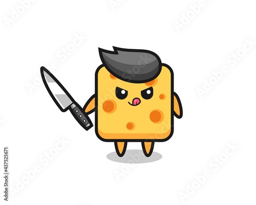 cute cheese mascot as a psychopath holding a knife