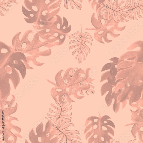 Pink Monstera Design. Coral Seamless Decor. Fuchsia Tropical Background. Pattern Leaves. Watercolor Design. Floral Painting. Summer Leaf. Isolated Background. © Nima