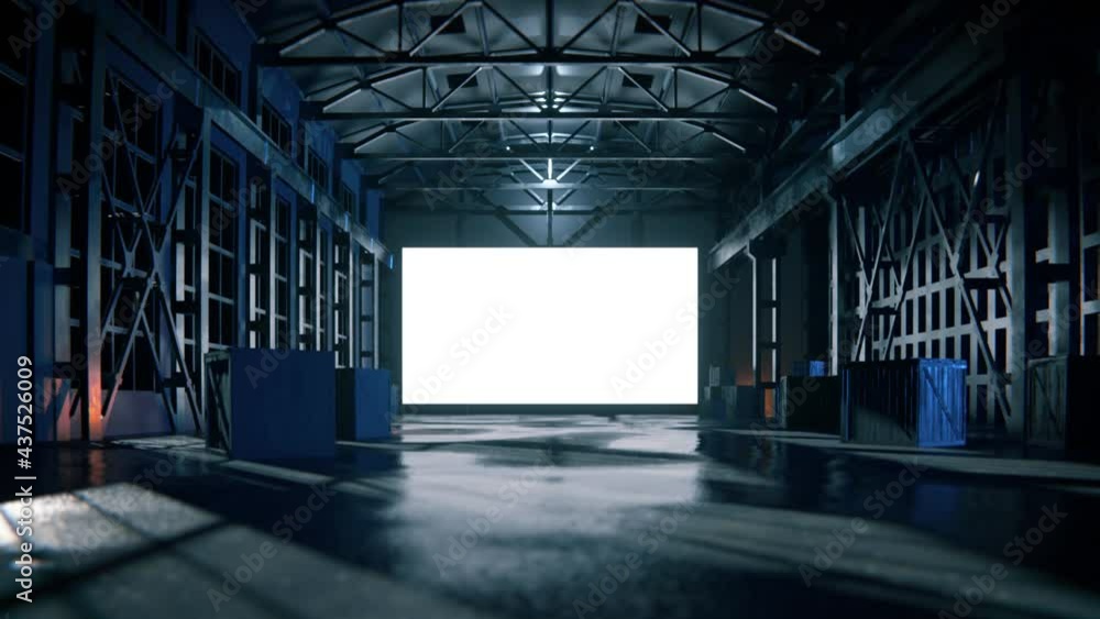 3d rendering of dark empty factory interior or warehouse with glowing white screen in the middle. 3d rendering of dark empty factory interior or warehouse with glowing white screen in the middle.