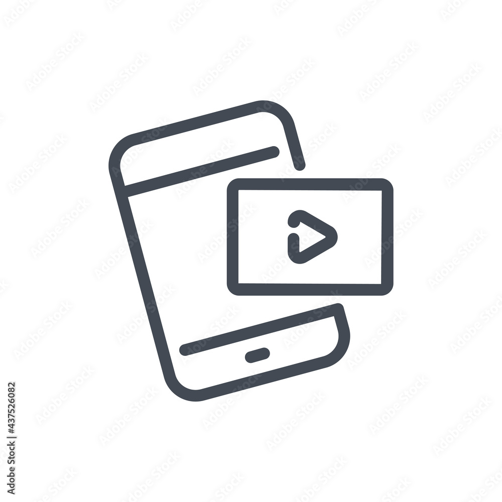 Mobile phone with video player line icon. Play video online on smartphone vector outline sign. Mobile phone with video player line icon. Play video online on smartphone vector outline sign.