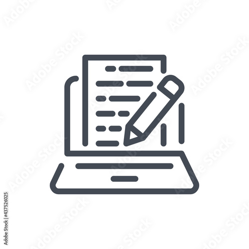 Online document and blog writing line icon. Laptop with documentation and pencil vector outline sign.