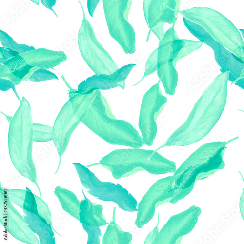 Turquoise Banana Set. Seamless Print. Green Tropical Foliage. Pattern Painting. Watercolor Texture. Floral Background. Summer Decor. Botanical Decor.