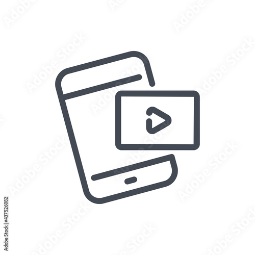 Mobile phone with video player line icon. Play video online on smartphone vector outline sign.