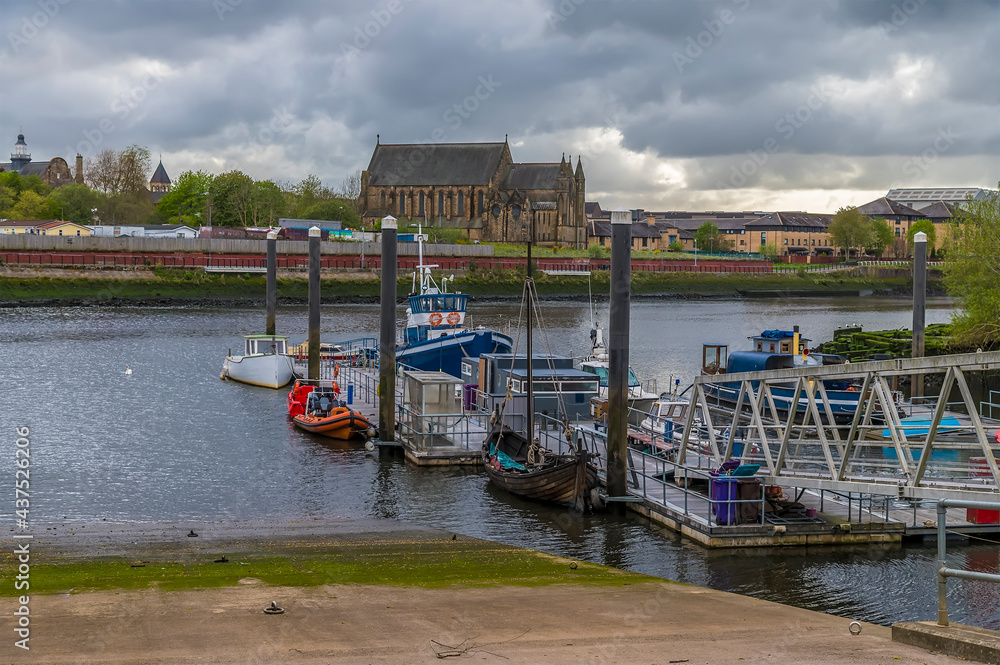 A view down a slipway on the River Kelvin where it joins the River Clyde in Glasgow on a summers day A view down a slipway on the River Kelvin where it joins the River Clyde in Glasgow on a summers day