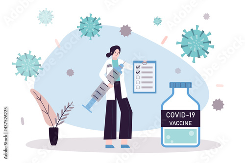 Female medical worker testing vaccine against covid-19. Woman holds syringe with dose of antiviral drug. Idea of immunizing, health care and vaccinating people
