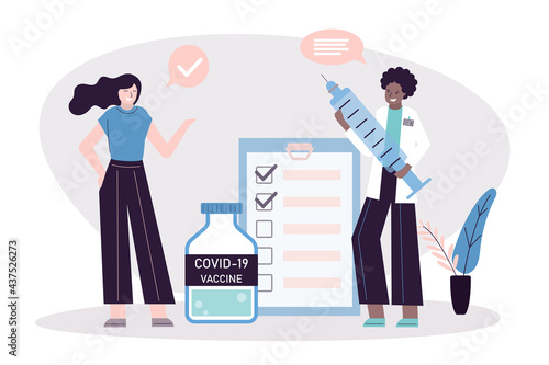 Multicolor medical workers testing vaccine against coronavirus. Black woman hold syringe with dose of antiviral drug. Idea of immunizing and vaccinating people from covid-19