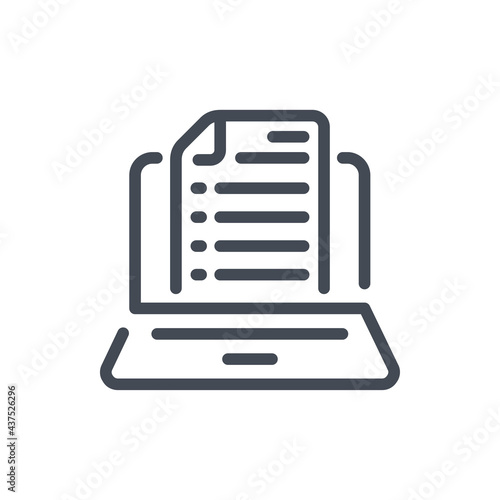 Online documentation and web blog line icon. Laptop with document vector outline sign.