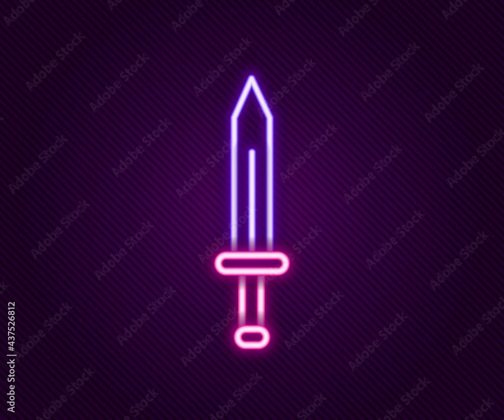 Glowing neon line Medieval sword icon isolated on black background. Medieval weapon. Colorful outline concept. Vector Glowing neon line Medieval sword icon isolated on black background. Medieval weapon. Colorful outline concept. Vector