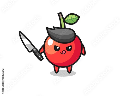cute cherry mascot as a psychopath holding a knife