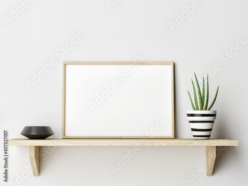 The horizontal wooden frame on wooden shelf with home decoration, 3d render, 3d illustration
