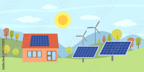 Solar energy concept. House with solar panel on rooftop and wind turbines in a countryside scene.
