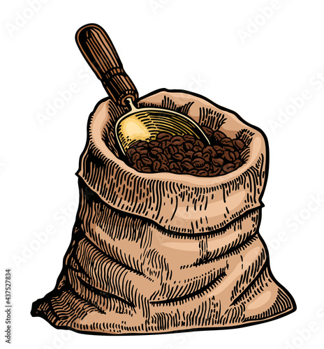 Coffee beans in a bag, free hand color drawing, vector image. Sack of coffee beans with a scoop. Hand-drawn sketch style. Vintage vector engraving illustration for labels, web. Isolated