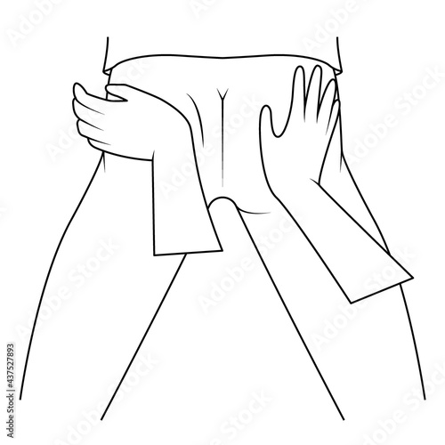 Massage. Yumeiho therapy line. Instructions for performing massage techniques, kneading the gluteal muscles with the palm of your hand. Simple vector illustration for physical therapy guidelines, webs