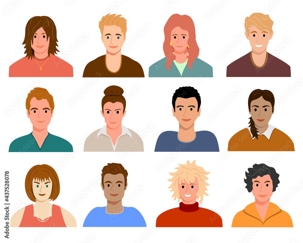 Avatar young people set cartoon style. Multi nationality faces man