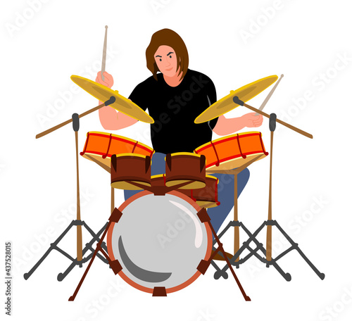 Drummer. Rock music. Guy drummer at drum. Man playing with sticks on drums and cymbals flat style design. Talented musician. Cartoon vector illustration. Musical art concept