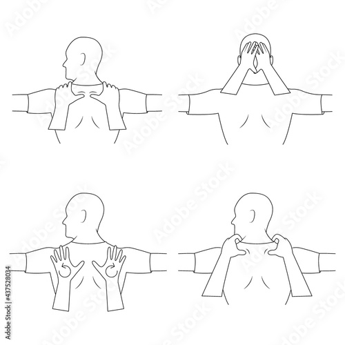 Massage. Yumeiho therapy line. Instructions for performing massage techniques, warm-up of the trapezius muscle. Simple vector illustration for physical therapy guidelines, websites and prints.