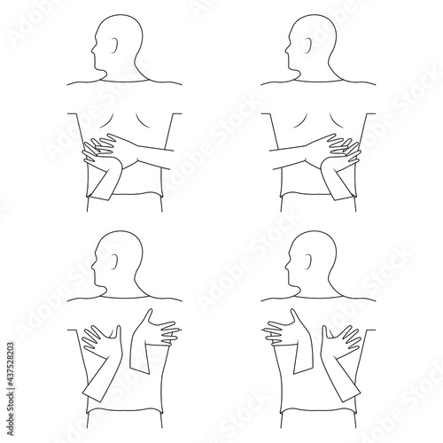 Massage. Yumeiho therapy line. Instructions for performing massage techniques, kneading the back muscles. Simple vector illustration for physical therapy guidelines, websites and prints.