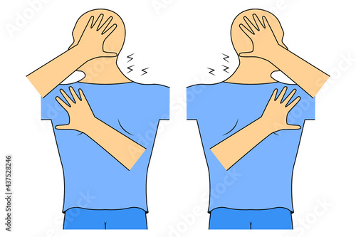 Massage. Yumeiho therapy. Instructions for performing massage techniques, stretching the neck muscles and manual manipulation. Simple vector illustration for physical therapy guidelines, websites.