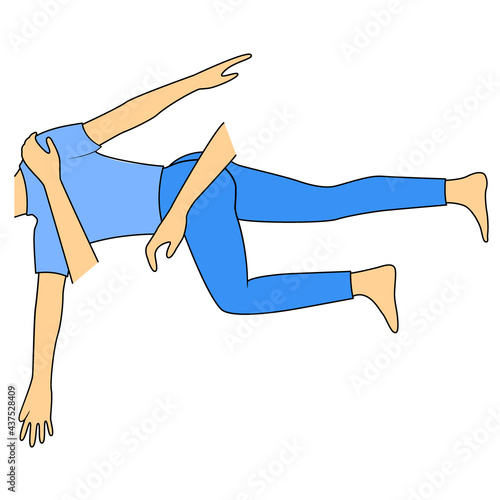 Massage. Yumeiho therapy. Instructions for performing massage techniques, stretching the back muscles and rotating the spine. Simple vector illustration for physical therapy guidelines, websites.