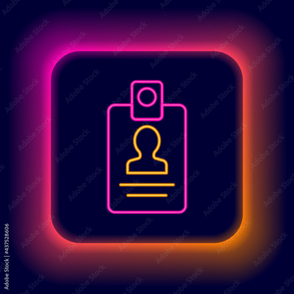 Glowing neon line Identification badge icon isolated on black background. It can be used for presentation, identity of the company, advertising. Colorful outline concept. Vector Glowing neon line Identification badge icon isolated on black background. It can be used for presentation, identity of the company, advertising. Colorful outline concept. Vector