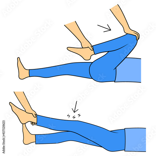 Massage. Yumeiho therapy. Instructions for performing massage techniques, stretching the leg muscles. Simple vector illustration for physical therapy guidelines, websites and prints.