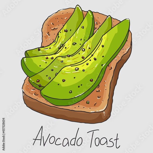 Avocado toast for breakfast. Healthy food. Ripe sliced avocado and whole grain bread. Isolated illustration.