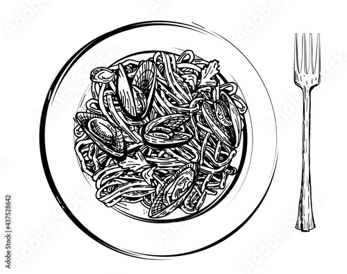 Spaghetti with mussels on a plate. Healthy food. Mediterranean dishes, seafood dishes. sketch vektor.