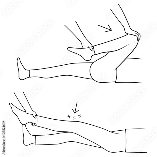 Massage. Yumeiho therapy line. Instructions for performing massage techniques, stretching the leg muscles. Simple vector illustration for physical therapy guidelines, websites and prints.