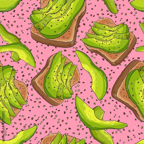 Avocado toast for breakfast. Healthy food. Ripe sliced avocado and whole grain bread. Seamless background with pattern