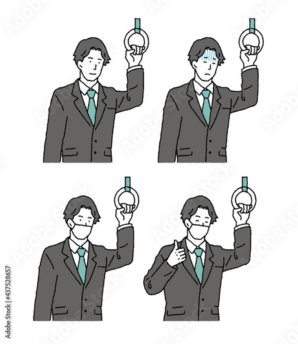 シンプルなタッチ　電車で通勤するビジネスマンのイラストレーションセット