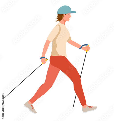 Girl doing Nordic Walk outdoors. Young woman hiking with walking poles exersising nordic walking. Healthy lifestyle illustration in contemporary flat style. Isolated