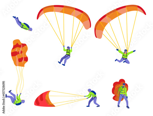 Skydivers flying with parachutes, extreme parachuting and skydiving concept. Stages of a parachute jump. Vector Illustrations on a white background. Cartoon parachutist.