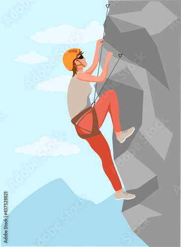 Climbers. Mountain rock climbers healthy active lifestyle activities. Young male climber in protective helmet climbing rock mountain set, extreme sport and leisure activity concept vector