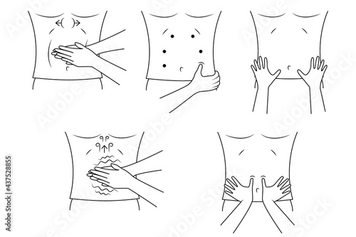 Massage. Yumeiho therapy line set. Instructions for performing massage techniques, kneading the abdominal muscles. Simple vector illustration for physical therapy guidelines, websites and prints.