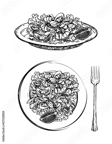 Delicious salad with seafood and vegetables on plate hand drawn sketch on white background. Wholesome meal made of shrimps, avocado, lettuce leaves. Vector. Caesar salad with shrimp. Italian dishes