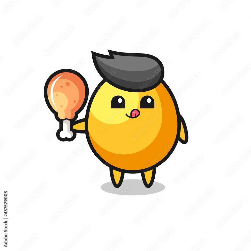 Obraz premium golden egg cute mascot is eating a fried chicken
